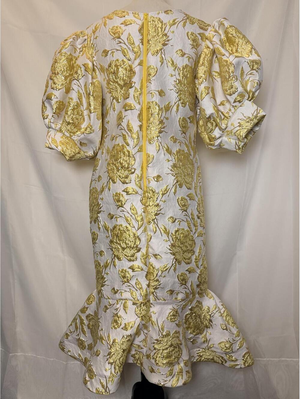 Vintage 1980s Metallic Gold Floral Brocade Puff Sleeve Dress with Flounce Hem - Picture 4 of 9